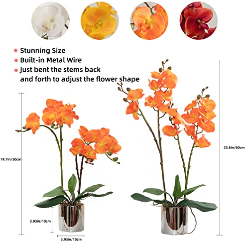 CXGS Artificial Orchid Flower Plant Real Touch Faux Orchids in Ceramic Vase Orange 19.7'' Fake Phalaenopsis Flower Arrangement Centerpiece Home Indoor Decor - color: Orange- Silver