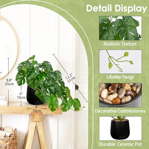 DILATATA Fake Plants Indoor 8 Inch Artificial Monstera Plant in Black Ceramic Pot - Faux Potted Tropical Palm Plant for Home Aesthetic Decor Living Room Shelf Office - color: Monstera #Ceramic