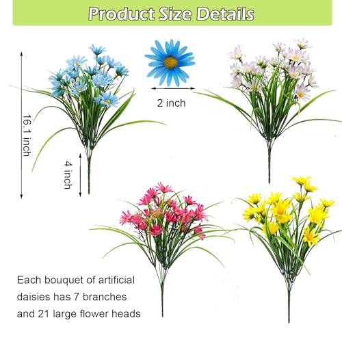 4 Bundles Artificial Large Daisy Fake Plants Flowers Faux Silk Wildflowers Bouquet Outdoor UV Resistant for Home Decor Indoor Outside Garden Front Porch Planters Decoration (Multi Color) - color: Multi Color