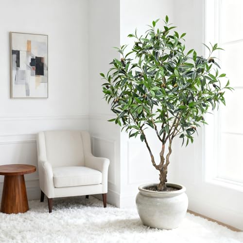7.5ft Large Realistic Artificial Olive Tree with Olives - Premium Silk Mediterranean Faux Tree with Bendable Branches & Sturdy Base for Indoor Outdoor Farmhouse Office Decor - size: 7ft 6in