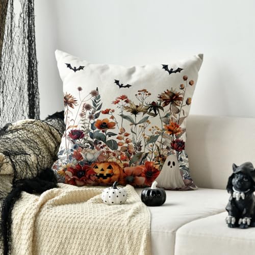 AVOIN colorlife Halloween Horror Wildflowers Throw Pillow Cover, 18 x 18 Inch Pumpkin Ghost Bat Cushion Case Decoration for Sofa Couch - size: 18" x 18" (Pack of 1)
