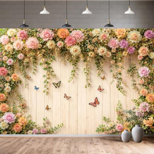 JAWO 7X5ft Floral Wooden Backdrop Multicolor Roses Vines Butterfly Photo Background Vinyl Fabric Indoor Outdoor Wedding Bridal Shower Baby Shower Birthday Engagement Party Decor Photo Booth Prop - color: Beige, size: 7X5
