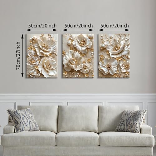 3 Pcs Modern Beige Gold Peony Floral Canvas Wall Art, Neutral Elegant 3d Beige Flowers Wall Painting White Blooming Floral Pictures Posters Art Print Home Decor for Bedroom Living Room Office 20"x28"x3 - color: Flower-gold peony, size: 20"x28"x3Pcs