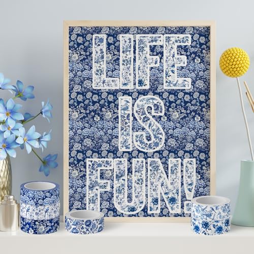 FYSUIMU 12 Rolls Blue Floral Washi Tape Chinoiserie Flower Bird Decorative Masking Tape Set Blue White Toile Wrapping Paper Tapes for Scrapbook Journal DIY Art Crafts - style: Blue Floral