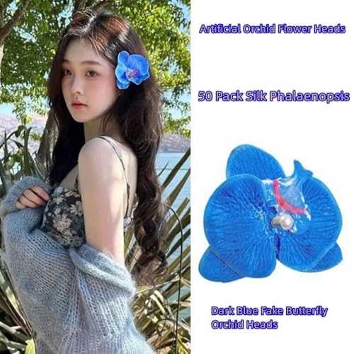 Corkwaw 50 Pcs Orchid Petals Artificial Decorations Orchids Heads Flowers Faux Silk Phalaenopsis Butterfly Flower Heads for Handmade DIY Home Wedding Party Decoration (Blue) - color: Blue