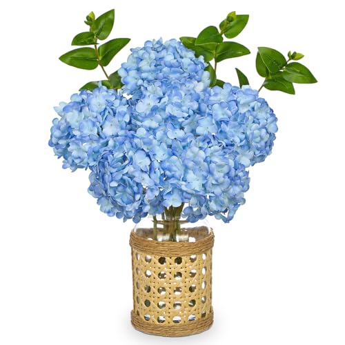 Hollyone Blue Hydrangea Artificial Flowers in Woven Glass Vase with Faux Water Silk Hydrangeas Fake Flowers Floral Arrangement for Home Indoor Bathroom Kitchen Office Table Centerpiece Shelf Decor - color: Blue-woven Vase