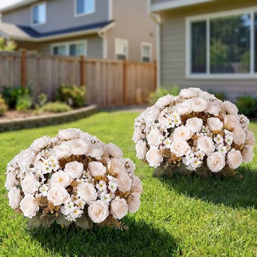Yunlly 2 Set Artificial Boxwood Topiary Ball Trees with Rose Flowers 19.7'' UV Resistant Faux Greenery Shrubs Bushes with Ground Spike for Wedding Indoor Outdoor Front Porch Decor(Beige) - color: Beige