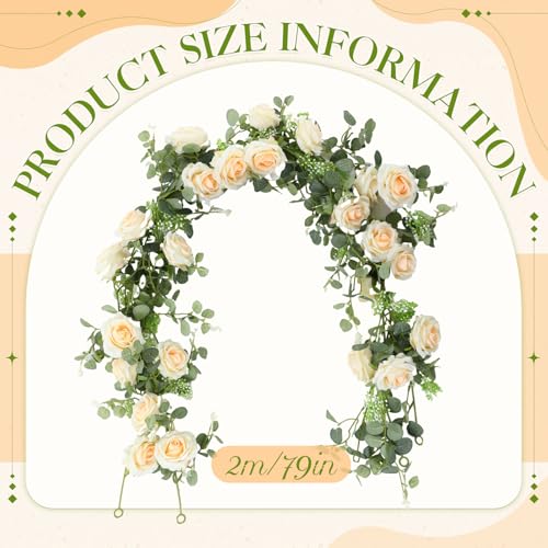 Riceshoot 6 Pcs 26 ft Artificial Eucalyptus Vines Garland with Flowers Faux Floral Greenery Garlands Rose Wreath for Wedding Party Arch Table Decor Backdrop Decorations (Champagne) - color: Champagne
