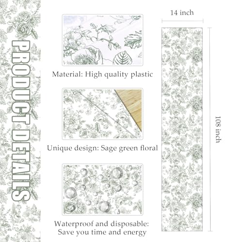 3 PCS Sage Green Floral Table Runner 14 x 108 Plastic Flower Table Runner for Party Birthday Baby Shower Bridal Shower Wedding Disposable Table Runners - color: Green Floral Table Runner, size: 3 PCS