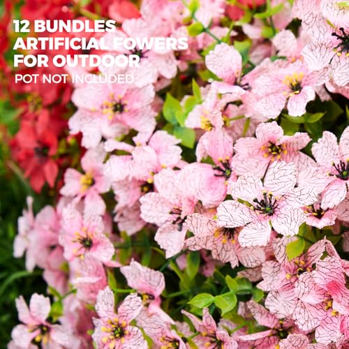 Artificial Flowers for Outdoors Patio Decoration 12 Bundles Fake Flower Cherry Blossom UV Resistant Faux Plants Yard Garden Porch Home Boxwood Planter Patio Mothers Day Decor, Light Pink Flower - color: D Light Pink Cherry Blossom 12pcs