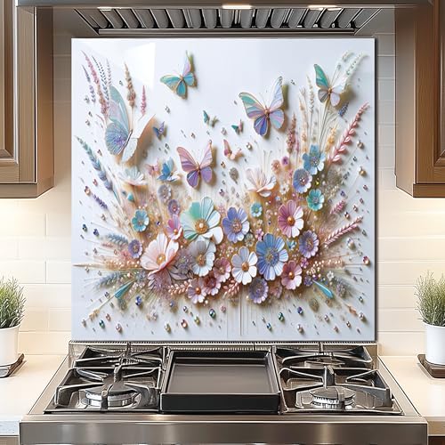 DAIFURONGE Butterfly Tempered Glass Backsplash for Kitchen, 30" x30'' | Frameless,Easy to Clean - size: 30"L x 30"W
