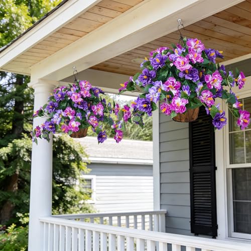 INXUGAO Artificial Flowers for Outdoors Indoors,3 Bunches Fake Hibiscus with Hanging Basket Realistic UV Resistant Silk Flower Leaves,Faux Plant for Outside Home Patio Garden Poch(Purple,Fuchsia) - color: Hibiscus T-3 Bunches Dk. Purple & Lt. Purple & Fuc