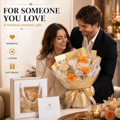 Preserved Real Flowers Bouquet, Preserved Eternal Roses Ready to Gift for Mother’s Day Birthday Gift for Mom Grandma Nana Wife Graduation Flowers for Her Class of 2026 (Sunset Champagne) - color: Sunset Champagne