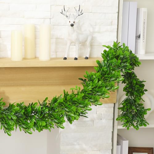 Dingion 6 ft Artificial Boxwood Garland Spring Faux Greenery Garland Preserved Green Leaves Fake Vines Hanging Plant Realistic Green Decor for UV Outdoor Indoor Wedding Backdrop Arch Wall Table