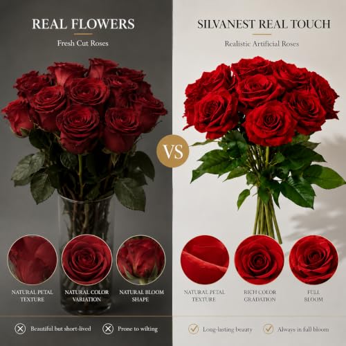 6 Stems Real Touch Artificial Roses, 22.5in Long Stem Faux Silk Rose Bouquet with 4in Blooms and 3in Buds, Red Fake Roses for Wedding Bouquets, Centerpieces, Vase and Home Decor - color: Red