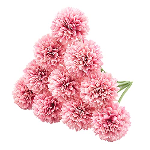 10Pcs Artificial Fake Flower Plants Silk Chrysanthemum Ball Hydrangea Arrangements Wedding Bouquets Decor Home Kitchen Garden Party Table Floral Centerpieces DIY(Dark Pink) - color: Dark Pink