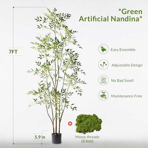 Large Faux Plastic Silk Plants Tall Artificial Bamboo Tree Indoor Outdoor Realistic Floor Plant Potted Fake Nandina Trees for Home Living Room Office Front Porch Patio decoracion Housewarming Gift - color: Green, size: 7ft 3in