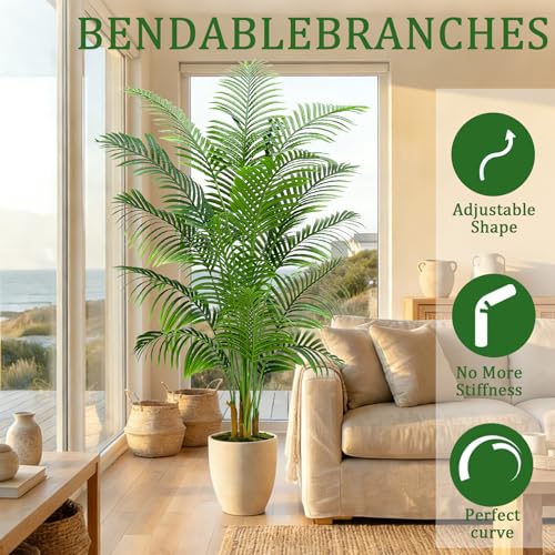 2 Pack Artificial Palm Tree Indoor Plant 7FT Tall Fake Tropical Palm Tree in Pot, Real Bark Design Faux Areca Palm Tree for Home Office Living Room Bedroom Farmhouse Modern Outdoor Topiary Tree - size: 7FT-2