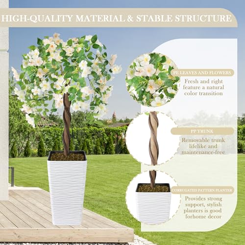 Artificial Cherry Blossom Tree 4FT, Fake Floral Tree with White Planter, Decorative Topiary Plant, for Home Porch Decor in/Outdoor - color: White, size: 4ft