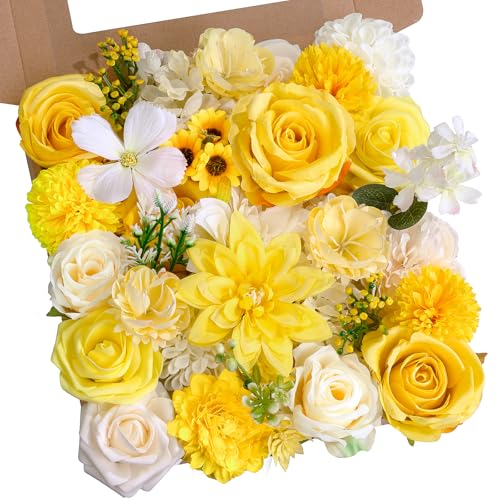 Yellow Flowers Artificial Roses Combo Set Fake Pink Silk Flowers Faux Peony Flowers Mix Dahlia with Stems for Wedding Bouquets Baby Bridal Shower Party Floral Arrangements Decor - color: Yellow, size: The Modern Classic