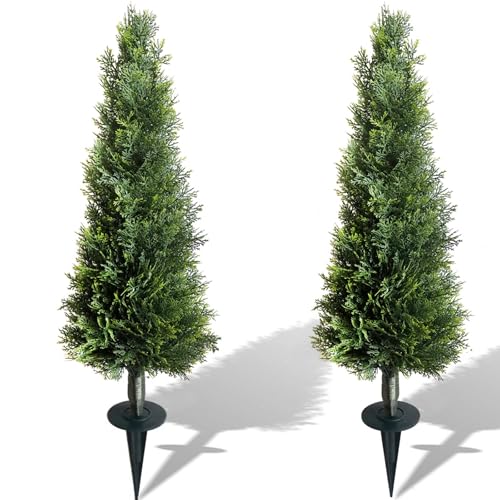 Artificial Cedar Trees with Ground Stakes, 3 Feet Tall, UV-Resistant Faux Cypress Plants for Indoor Outdoor Garden, Green, 2 Pack
