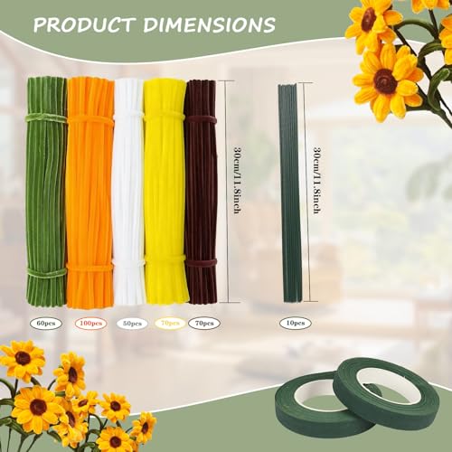 350Pcs Pipe Cleaners Craft, 5 Colors Pipe Cleaner Flower Kit, Thick Fluffy Chenille Pipe Cleaners Bulk with Floral Wires, Tape & Video Tutorial, DIY Handmade Sunflowers Making Bouquet, Creative Gift - color: 350 Pcs 5 Colors-Sunflower