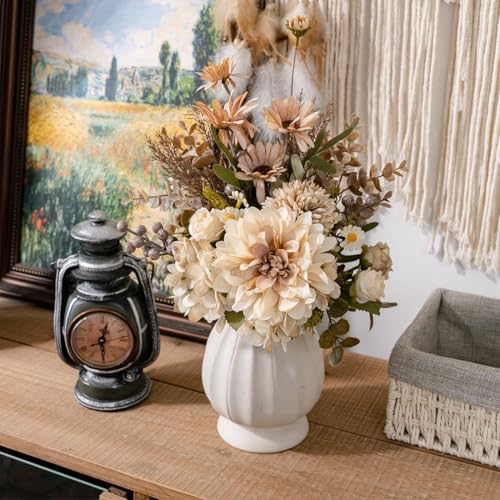 16-inch Artificial Fake Flowers Silk Table Arrangements Faux Plastic Floral Centerpieces for Home with Roses, Dandelions, Daisies, Hydrangea, Eucalyptus, Chrysanthemums and Hollyberries - color: Cappuccino