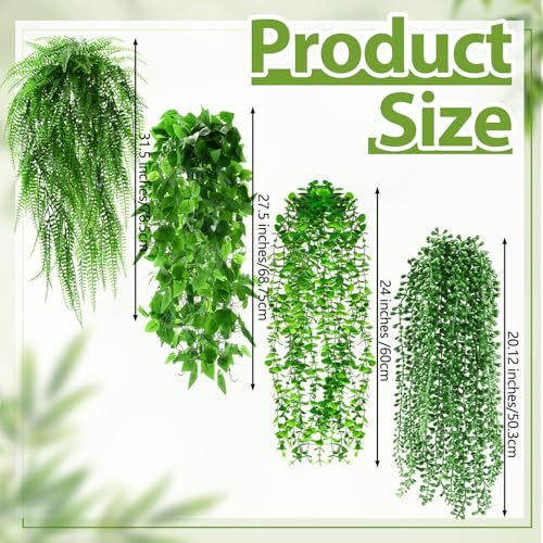 Daifunli Artificial Hanging Plants Fake Hanging Ferns Plastic Fake Plants for Wall Room Garden Garland Indoor Outdoor Decor No Basket (4 Pcs,Boston, Eucalyptus, Ivy Vine, String of Pearls) - style: Boston, Eucalyptus, Ivy Vine, String of Pearls