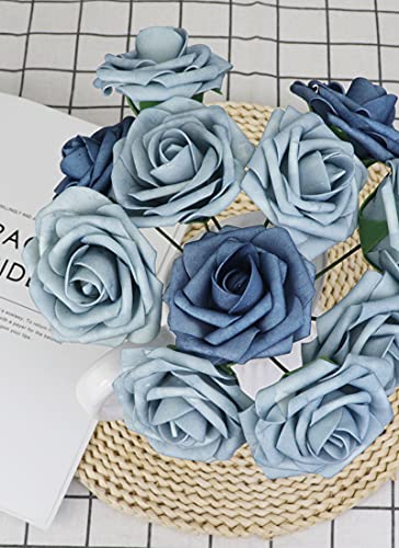 50pcs Artificial Flower，Real Touch Foam Roses w/Stem DIY for Wedding Bouquet Centerpieces Party Shower Home Decor-Dusty Blue Shades - color: Dusty Blue Shades