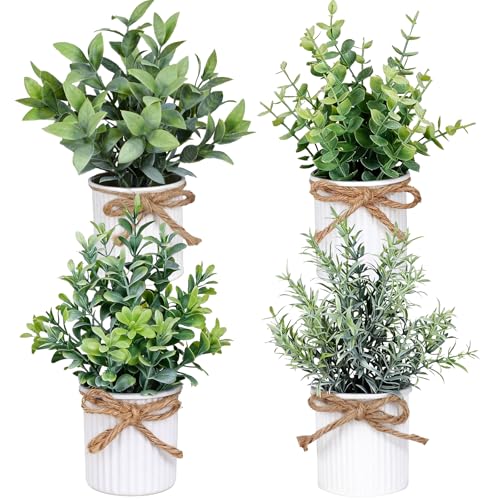 Yoratee 4 Potted Artificial Plants Metal Fake Potted Plant with Iron Pot Mini Greenery Decor Small Faux Plants for Indoor Farmhouse Home Porch Garden Bathroom Room Décor White - color: White
