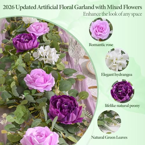 Livole 6FT Artificial Flower Garland Real Touch Fake Purple Floral Rose Peony Garland with Eucalyptus Flower Hanging Vine for Wedding Table Centerpieces Backdrop Party Arch Home Decorations - color: Purple, size: 1 Pc