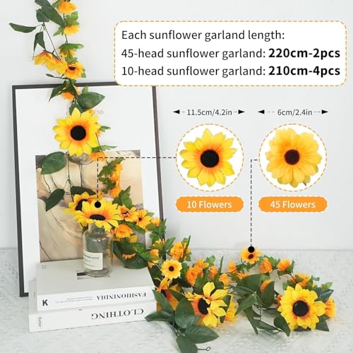 Zythrem 6 Pack Artificial Sunflower Garland for Decoration 7.22FT Silk Sunflower Yellow Flower Vines with Green Leaves Summer Garland for Mantle Wedding Table Home Baby Shower Party