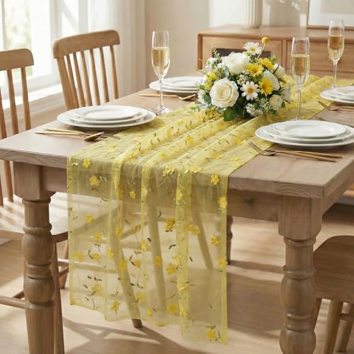 Artoid Mode 3D Flower Yellow Gauze Embroidery Table Runner 120 Inch 10FT, Tulle Seasonal Spring Kitchen Dining Holiday Table Decor for Home Party - color: Yellow