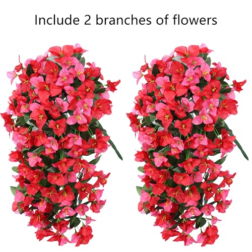 Faux Bougainvillea Artificial Flowers Plants for Outdoors Outside Decoration, 2 pcs Fake Flowers Realistic UV Resistant Silk Long Trailing Vines for Front Door Porch Planter Urn Patio Balcony Yard,Mix - color: Red + Hot-pink