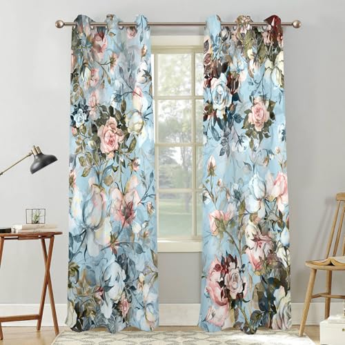 Renaiss Blue Rose Floral Blackout Curtains, Light Blue Watercolor Flowers Blossom Bedroom Window Curtains, Vintage Grommet Curtains for Kitchen 29W x 45L 2 Panels Set - color: Retro Blue, size: 29"W x 45"L (Pack of 2)