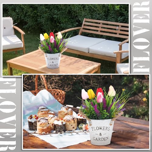 Summer Spring Flower Table Centerpiece, 10" Tall Fake Tulips Lavender in Vase Farmhouse Floral Arrangement Artificial Potted Plants for Rustic Home Office Patio Decor Gift