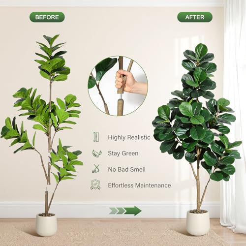 6 ft Fiddle Leaf Fig Tree Artificial with 108 Leaves - Realistic Faux Ficus Lyrata Trees in 9 in White Planter Pot, Indoor Fake Floor Plants for Home Office Living Room Decor, Housewarming Gift - color: With White Planter, size: 6ft