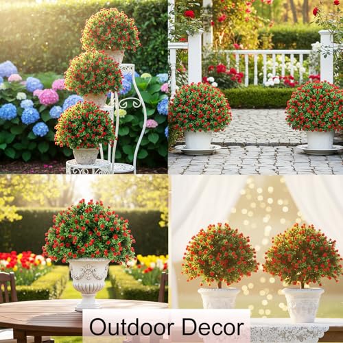 Artificial Topiary Rose Set of 2, Boxwood Ball with Ground Spike | Low Faux Flowers Artificial Plants, Shrub Bushes for Porch, Fake Ball Trees for Outdoor Planters Indoor Decor - color: Rose