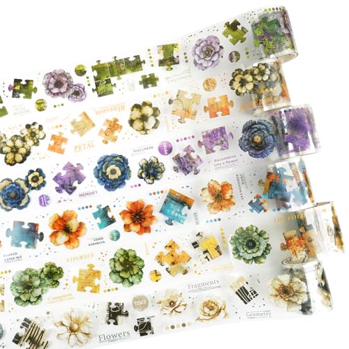 6-Roll Puzzle Piece Floral PET Tape Set – Pre-Cut Transparent Vintage Collage Flower Stickers for Scrapbooks Journals Planners Cards & DIY Craft Decoration - style: Floral Fragment