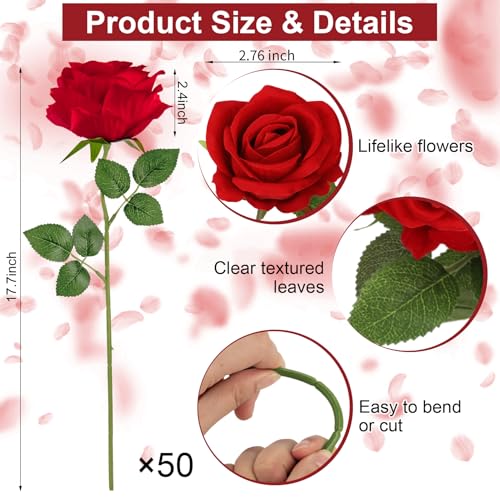 Ouddy Decor 50 Pcs Fake Red Roses Artificial Flowers Bulk Real Touch Velvet Silk Flowers with Long Stems for Wedding Bridal Bouquet DIY Table Centerpiece Valentines Home Decor, Red - color: Red, size: 50 Packs
