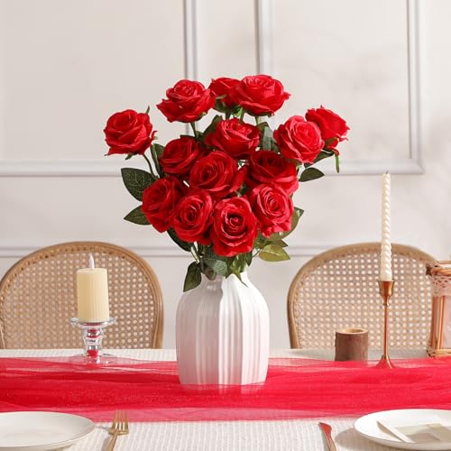 Nubry 24pcs Artificial Red Roses, Fake Silk Roses Flower with Long Stems, Realistic Flowers for Bridal Wedding Party Table Centerpiece Home Decor - color: Red