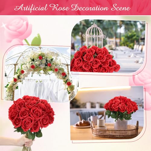 Lyrow 200 Pcs Artificial Roses Realistic Flowers Bulk Real Looking Fake Silk Rose Bouquets with Long Stem Flowers for Wedding Table Centerpieces Bridal Shower Party Home Garden Decor (Red) - color: Red