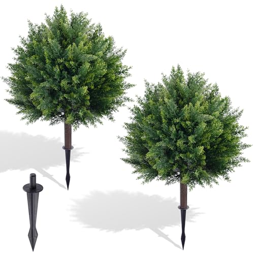 27.6'' Artificial Cedar Topiary Ball Trees (2 Pack), UV Resistant Faux Evergreen Shrubs with Ground Spikes, Realistic Fake Cedar Trees for Front Porch Planter, Outdoor & Indoor Decor - color: 28" Cypress