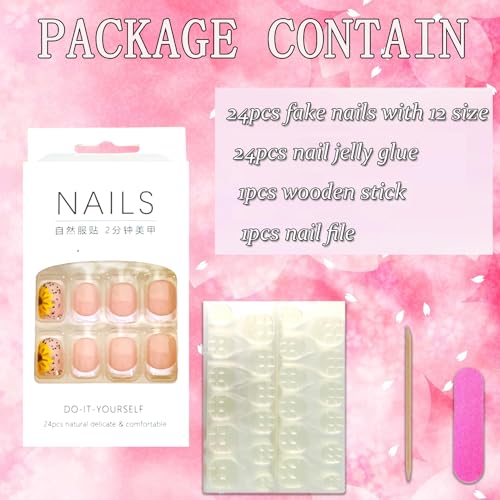 French Press on Nails Square Short Sets, 24Pcs Glossy Artificial Nude Fake Nails with Sunflower Designs, Full Cover Acrylic Coffin False Fingernails with Charm for Women Girls