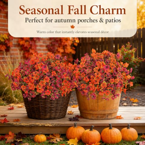 Artificial Flowers for Outdoors UV Resistant, 12 Bundles Realistic Faux Daisy with Eucalyptus Leaves Fake Plants for Porch Patio Planter Garden Decoration (Brown Orange) - color: Brown Orange