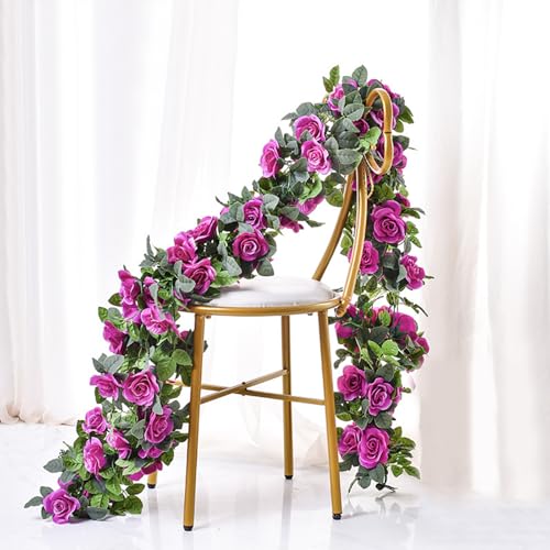 Flower Garland Rose Vine 4Pcs 28FT Artificial Floral Garland with Green Leaves Hanging Rose Vine for Wedding Party Garden Home Wall Decor (Purple) - color: Purple