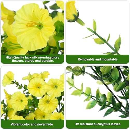 2 PCS Artificial Fall Faux Hanging Flowers Plants for Outdoor Decor,Fake Silk Morning Glory with Eucalyptus UV Resistant Realistic Mums Trailing Vines for Wall Home Porch Patio Balcony Yard,Yellow - color: Yellow