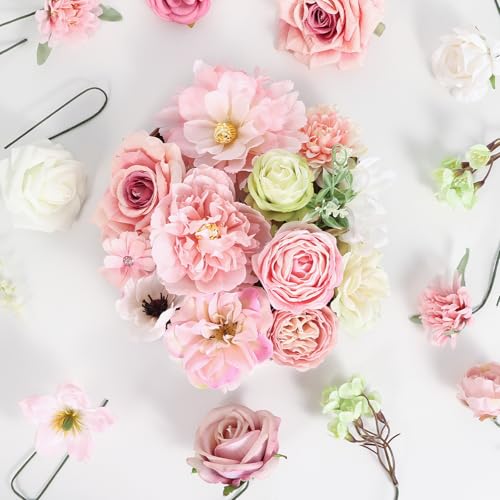 Artificial Flowers Combo Pink Roses with Stems Bouquets Box Set Bridal Wedding Shower Decorations Fake Floral for Party Table Centerpieces Home Decor - color: Romantic Pink