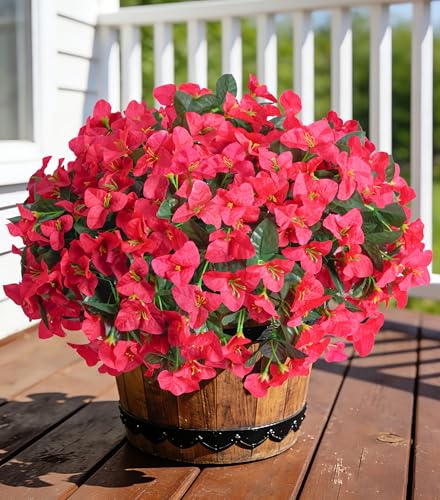 Faux Bougainvillea Artificial Flowers for Outdoors Summer Outside Decor, 4 Bundles Red Fake Bougainvillea Silk Outdoor Flowers Plants UV Resistant Look Real for Porch Patio Window Planter Garden Home - color: Red