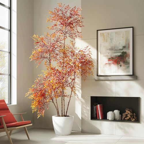 Big Faux Bamboo Plant Large Fake Nandina Trees Plastic plantas Indoor Outdoor Realistic Floor Plants Artificial Tree for Home Living Room Corner Office Patio Porch Bonsai Decor Housewarming Gift - color: Red, size: 7ft 2in